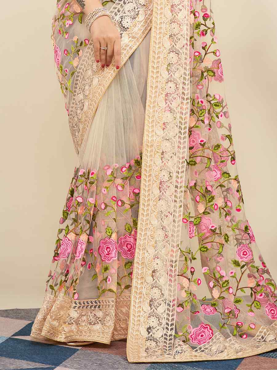 Beige Mono Banglory Silk Embroidered Reception Party Heavy Border Saree
