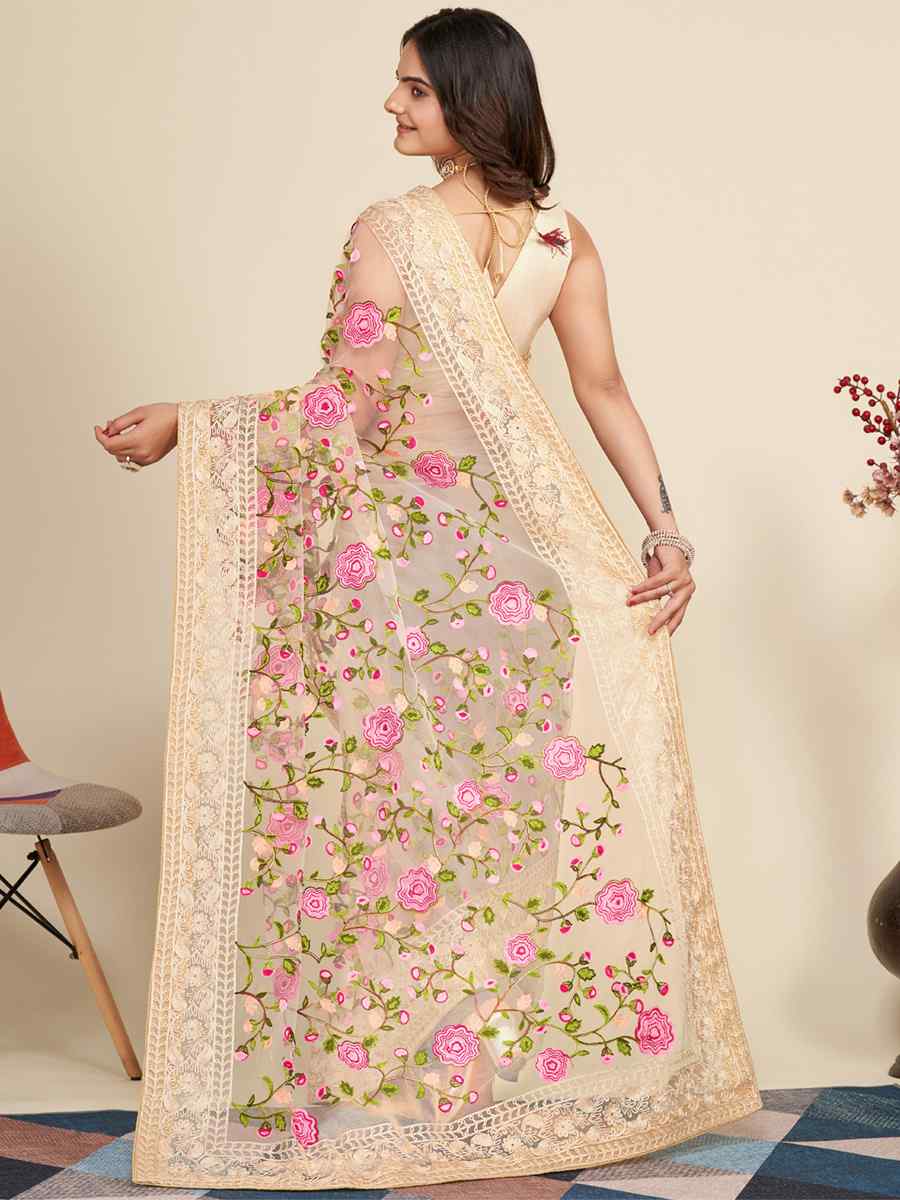 Beige Mono Banglory Silk Embroidered Reception Party Heavy Border Saree