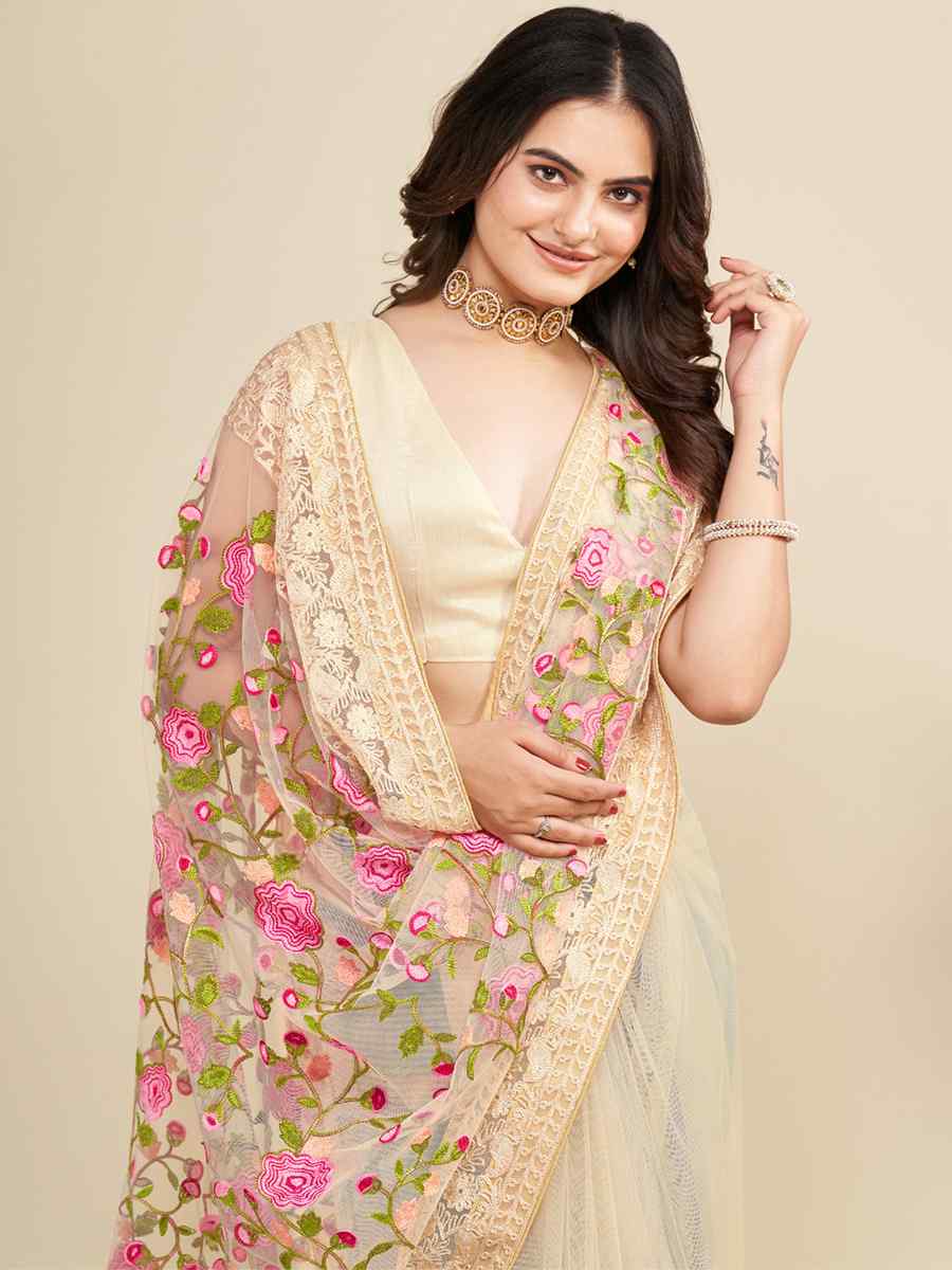 Beige Mono Banglory Silk Embroidered Reception Party Heavy Border Saree