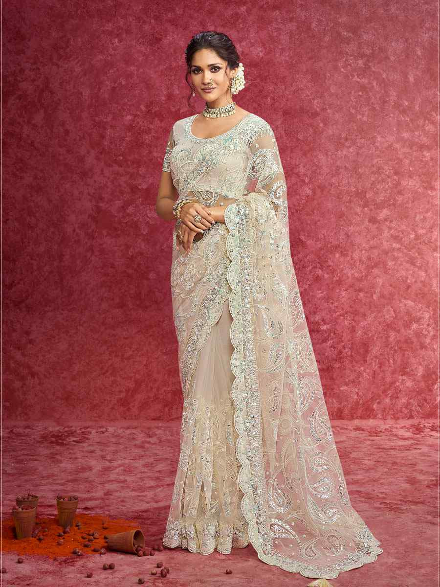 Beige Net Embroidery Bridal Reception Festival Wedding Fancy Heavy Border Saree