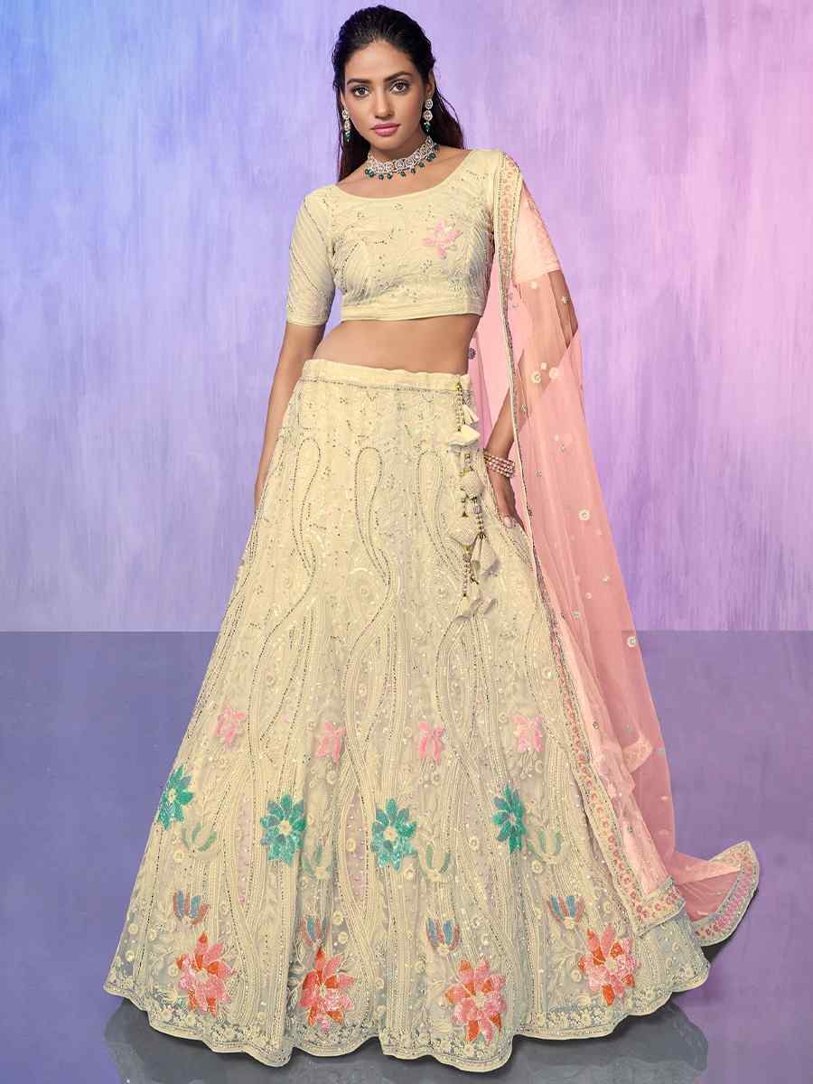 Beige Net Embroidered Bridal Reception Heavy Border Lehenga Choli