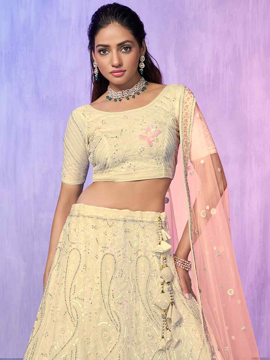 Beige Net Embroidered Bridal Reception Heavy Border Lehenga Choli
