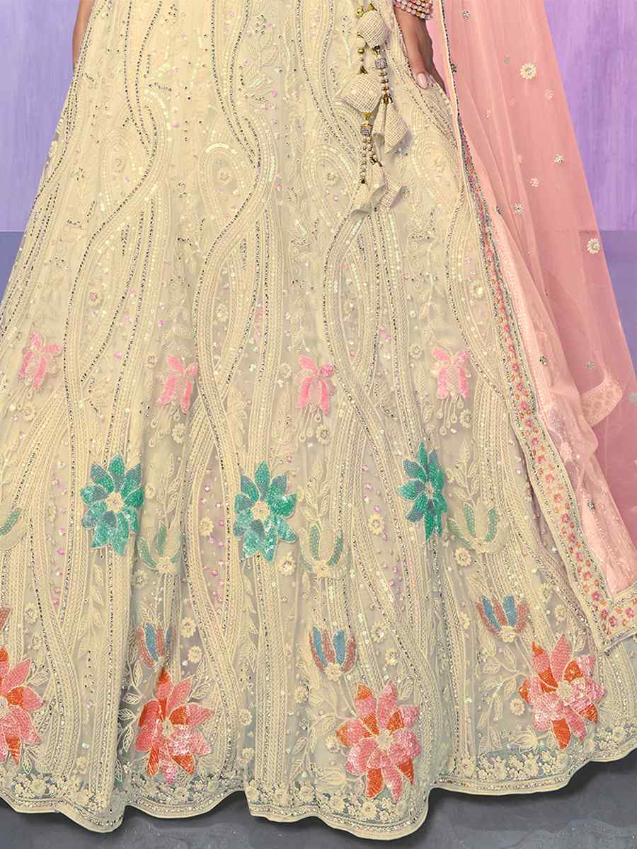 Beige Net Embroidered Bridal Reception Heavy Border Lehenga Choli