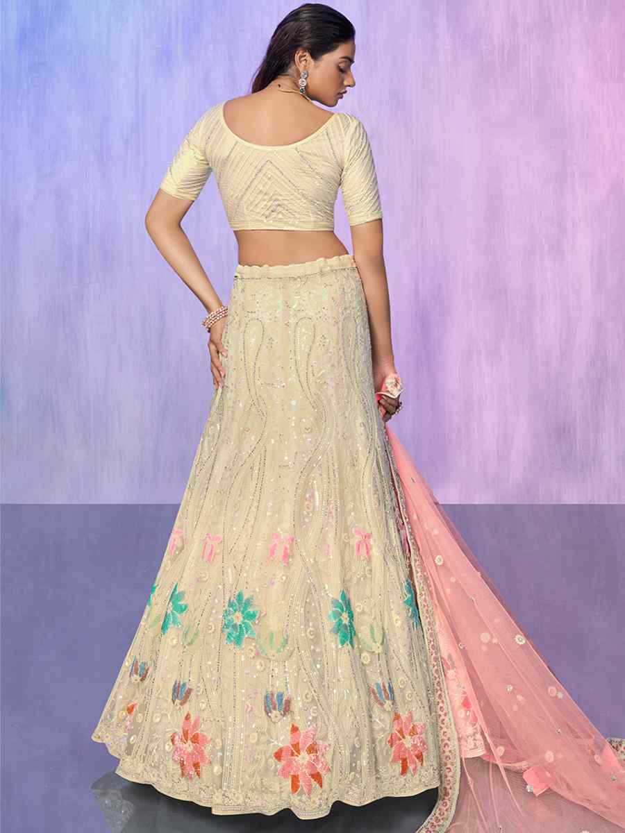 Beige Net Embroidered Bridal Reception Heavy Border Lehenga Choli