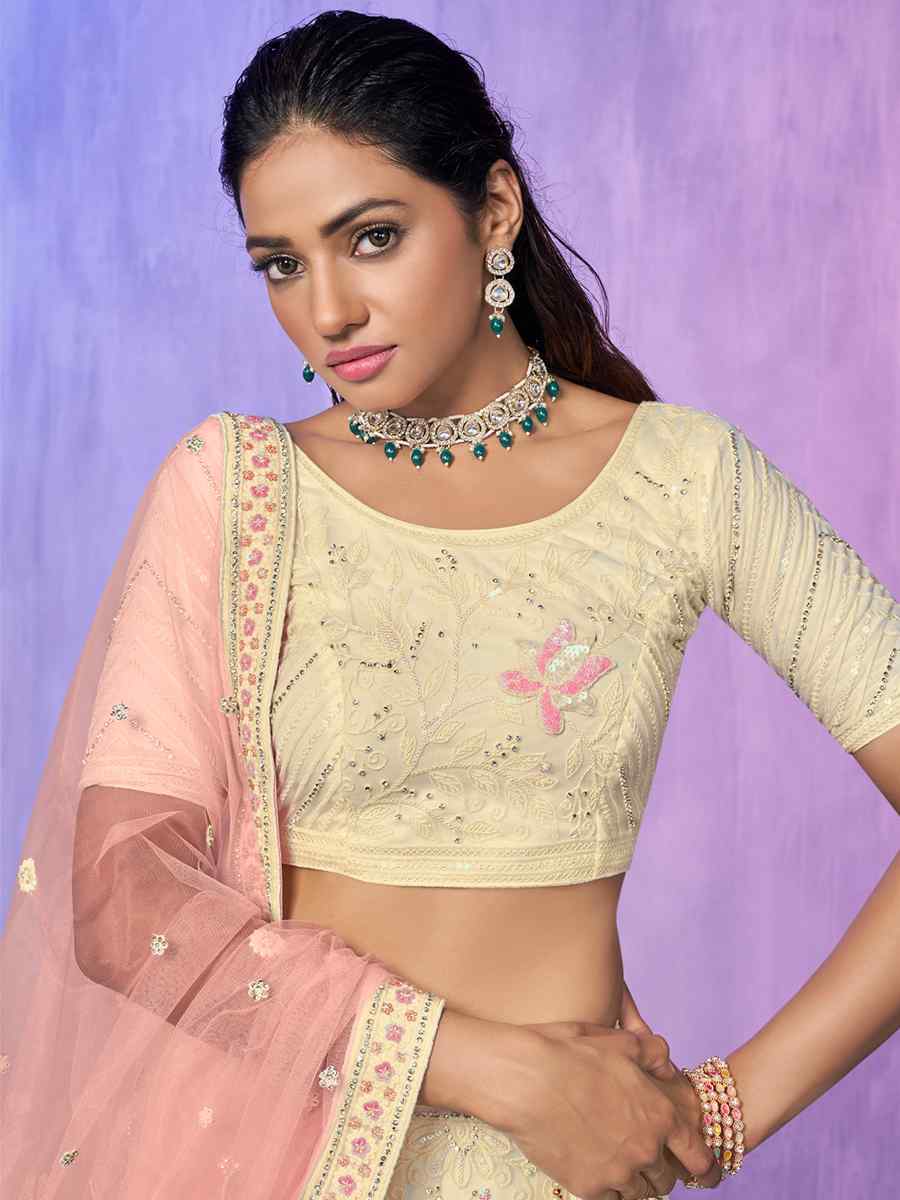 Beige Net Embroidered Bridal Reception Heavy Border Lehenga Choli