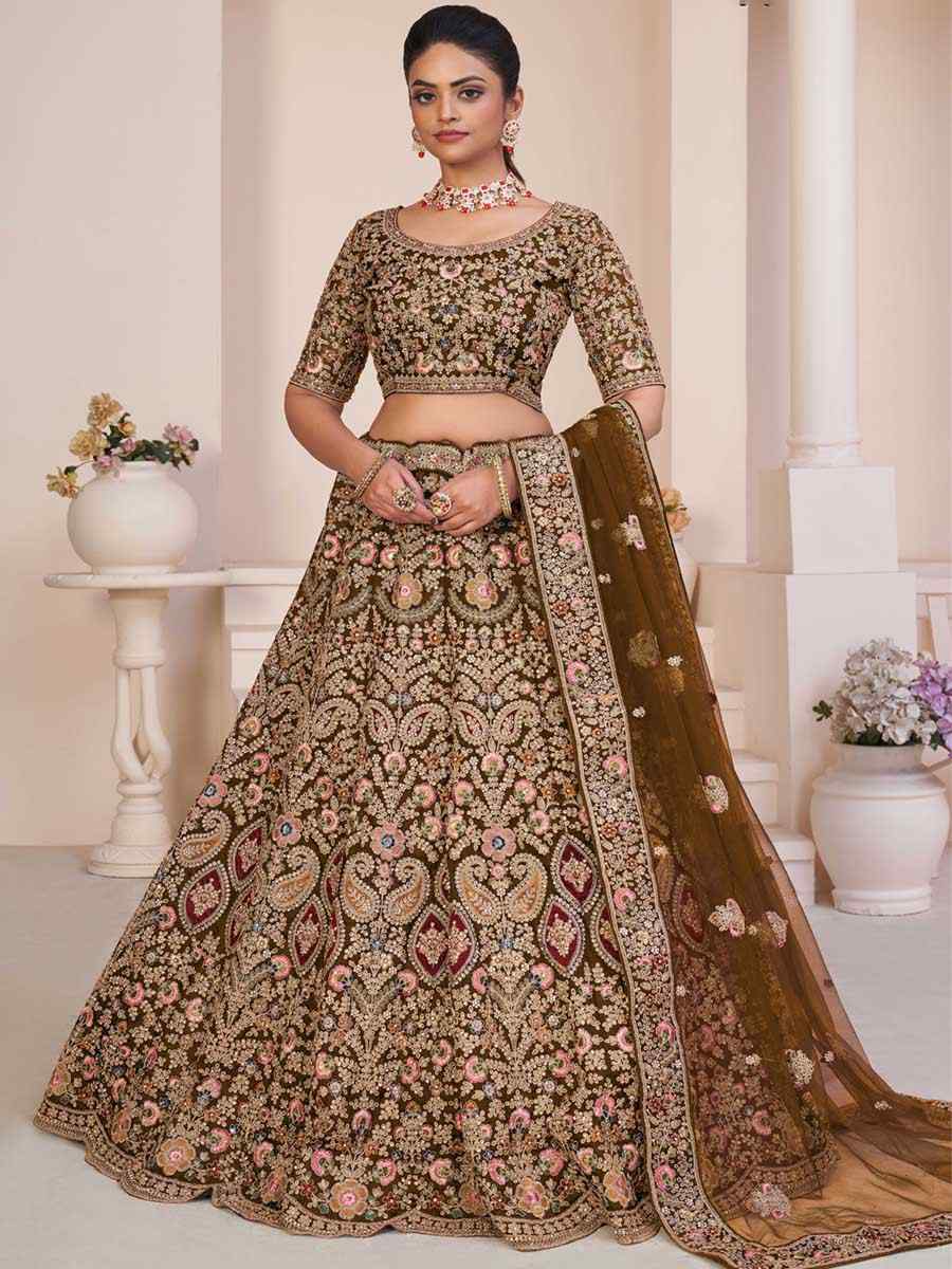 Beige Net Embroidered Bridal Reception Heavy Border Lehenga Choli