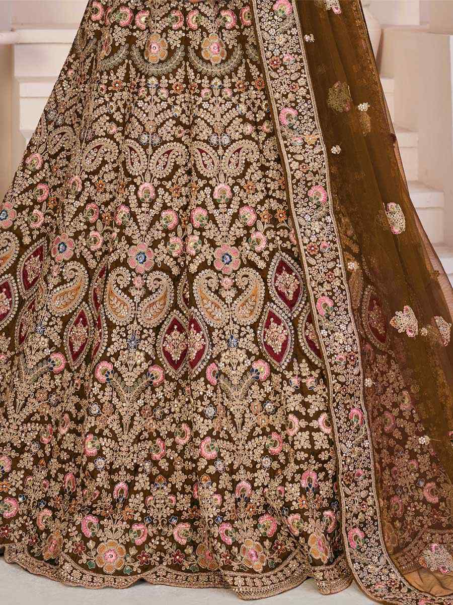 Beige Net Embroidered Bridal Reception Heavy Border Lehenga Choli