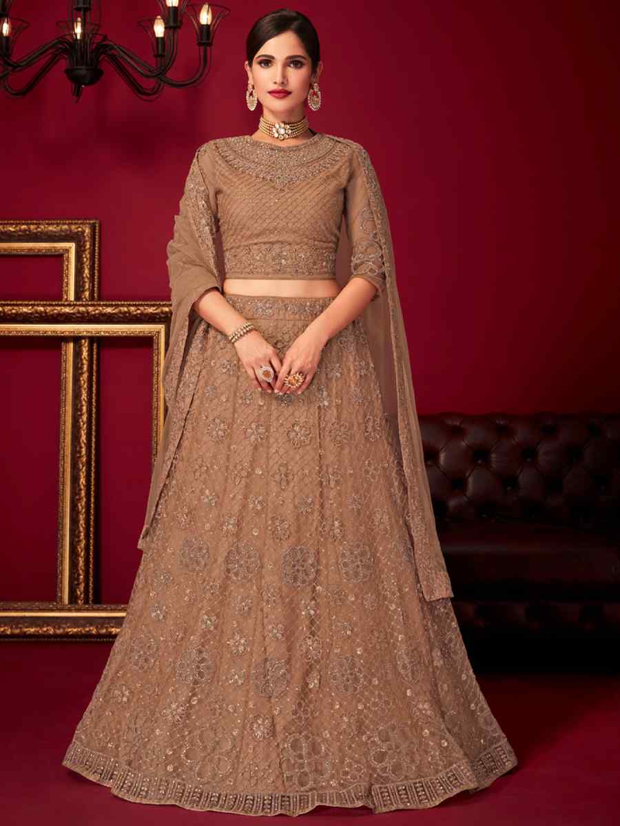 Beige Net Embroidered Bridal Reception Heavy Border Lehenga Choli