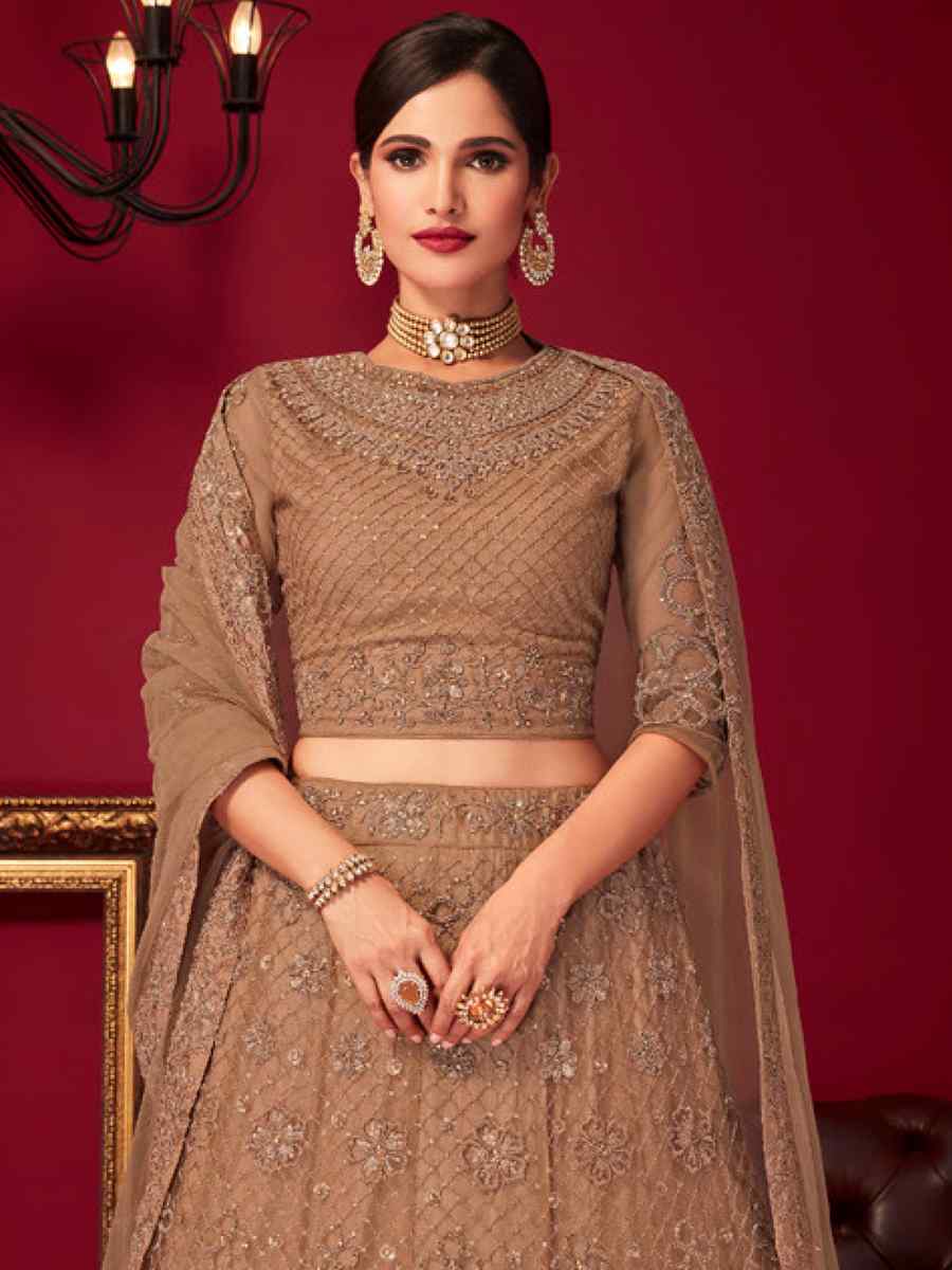 Beige Net Embroidered Bridal Reception Heavy Border Lehenga Choli