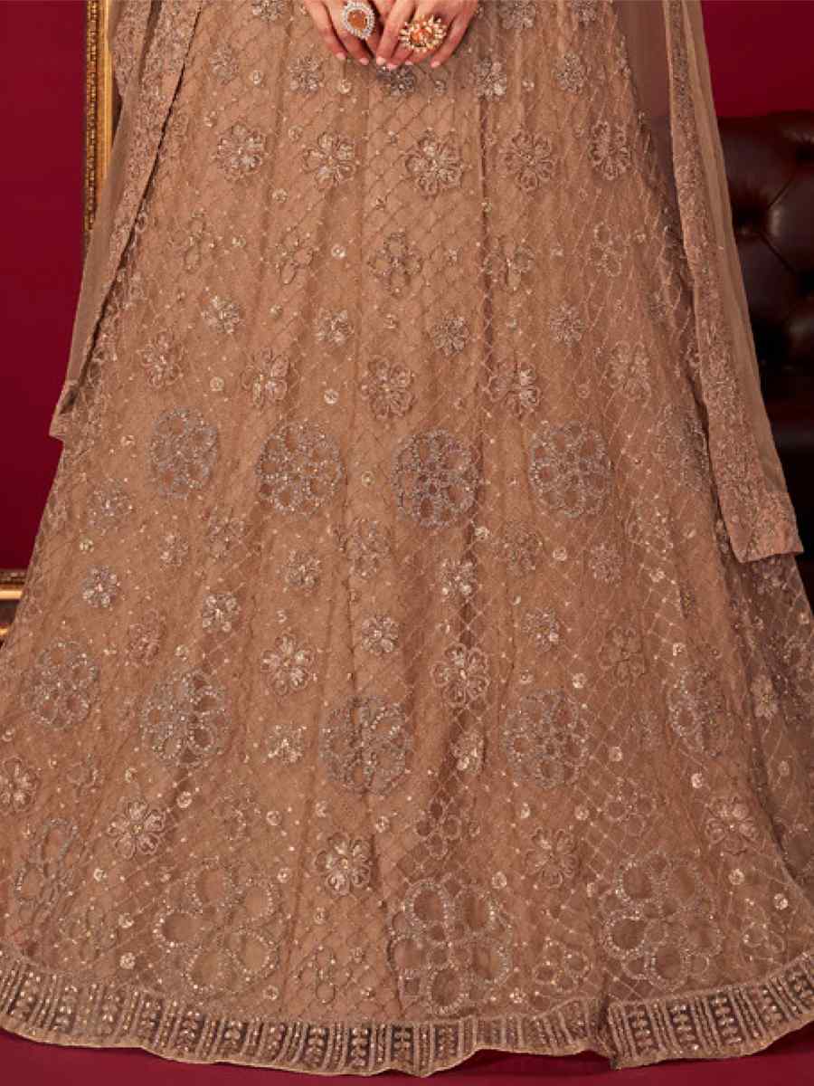 Beige Net Embroidered Bridal Reception Heavy Border Lehenga Choli