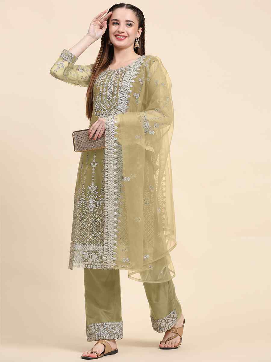 Beige Net Embroidered Festival Mehendi Pant Salwar Kameez