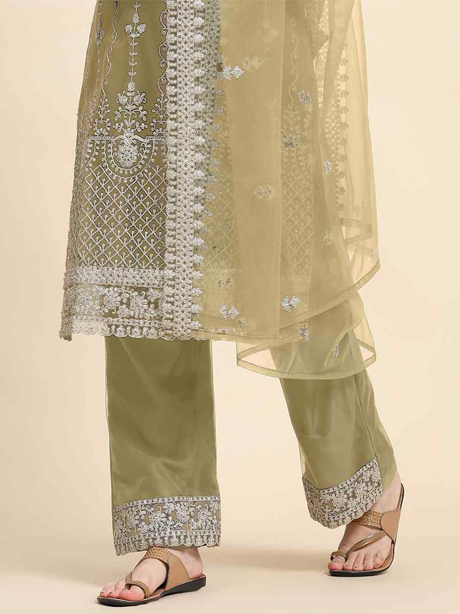 Beige Net Embroidered Festival Mehendi Pant Salwar Kameez