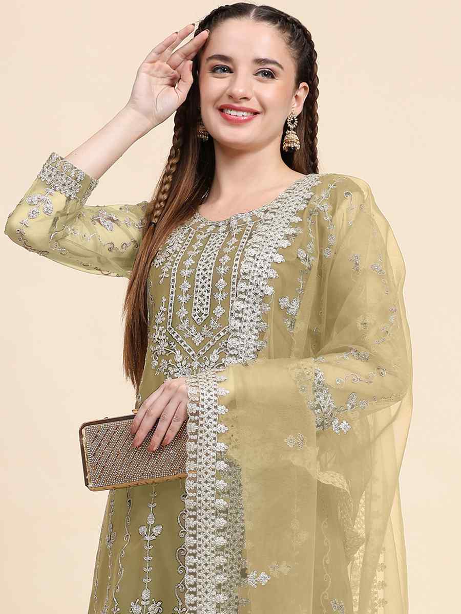 Beige Net Embroidered Festival Mehendi Pant Salwar Kameez