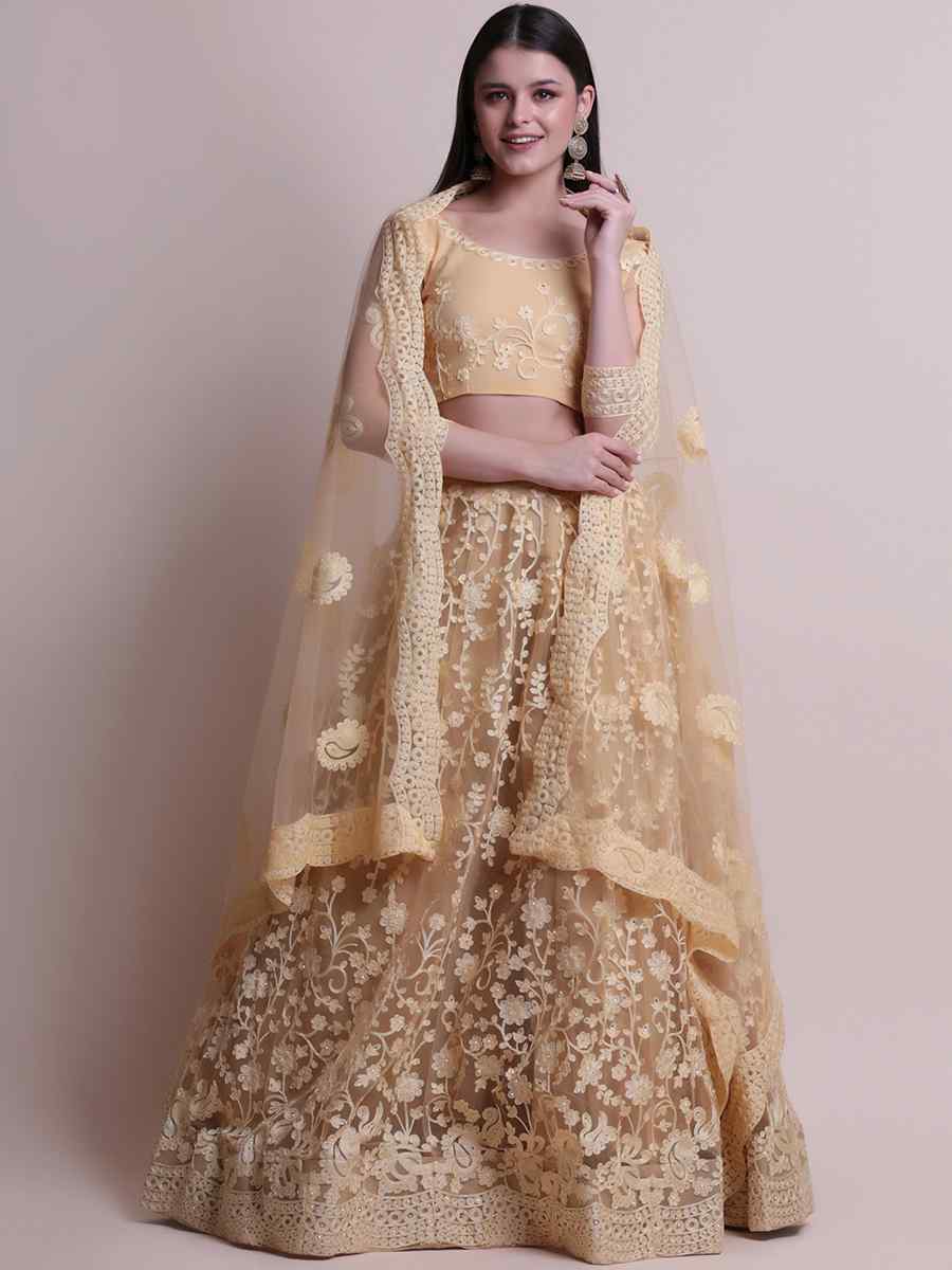 Beige Net Embroidered Festival Party Wear Circular Lehenga Choli