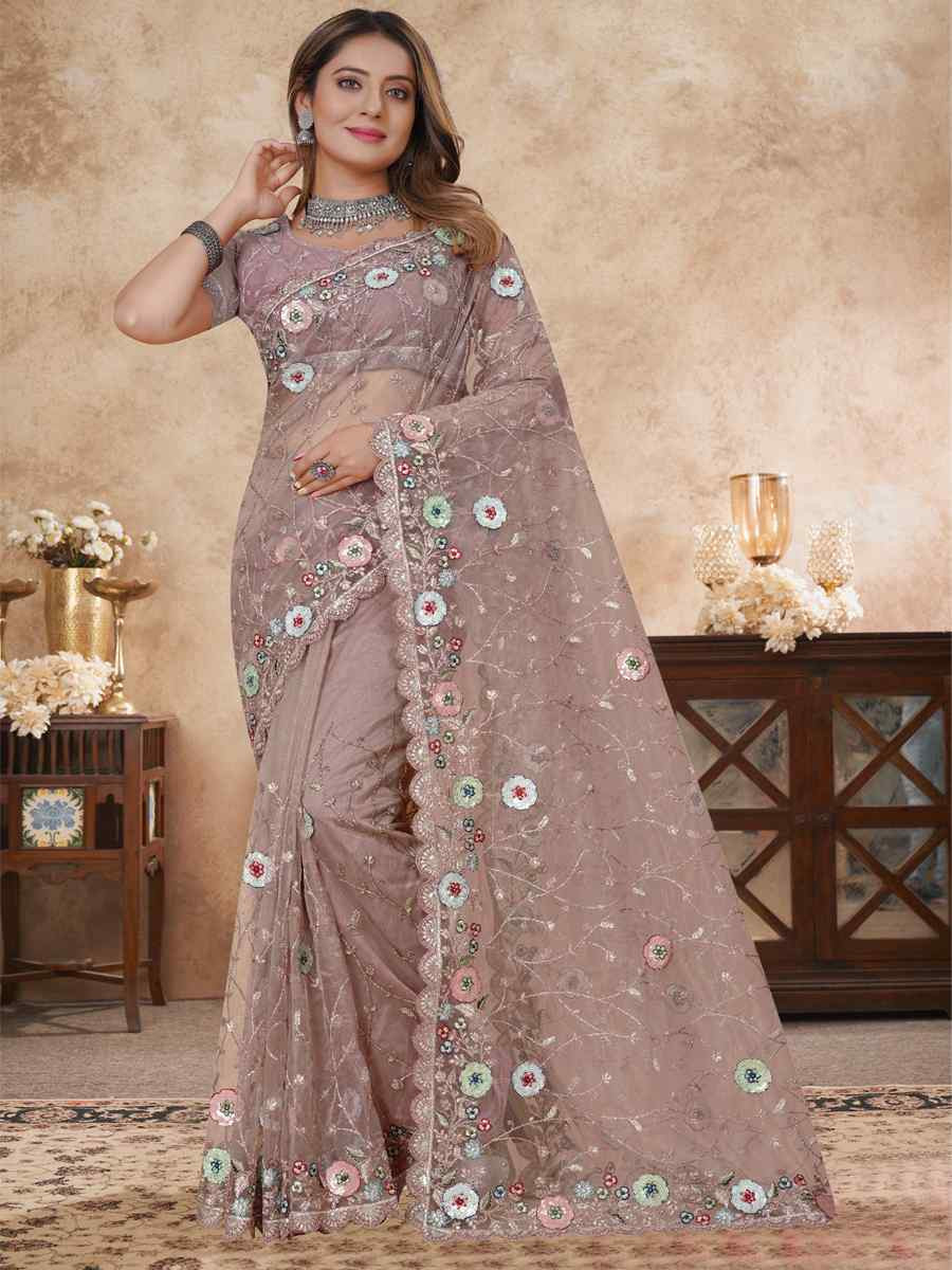 Beige Net Embroidered Festival Wedding Fancy Heavy Border Saree