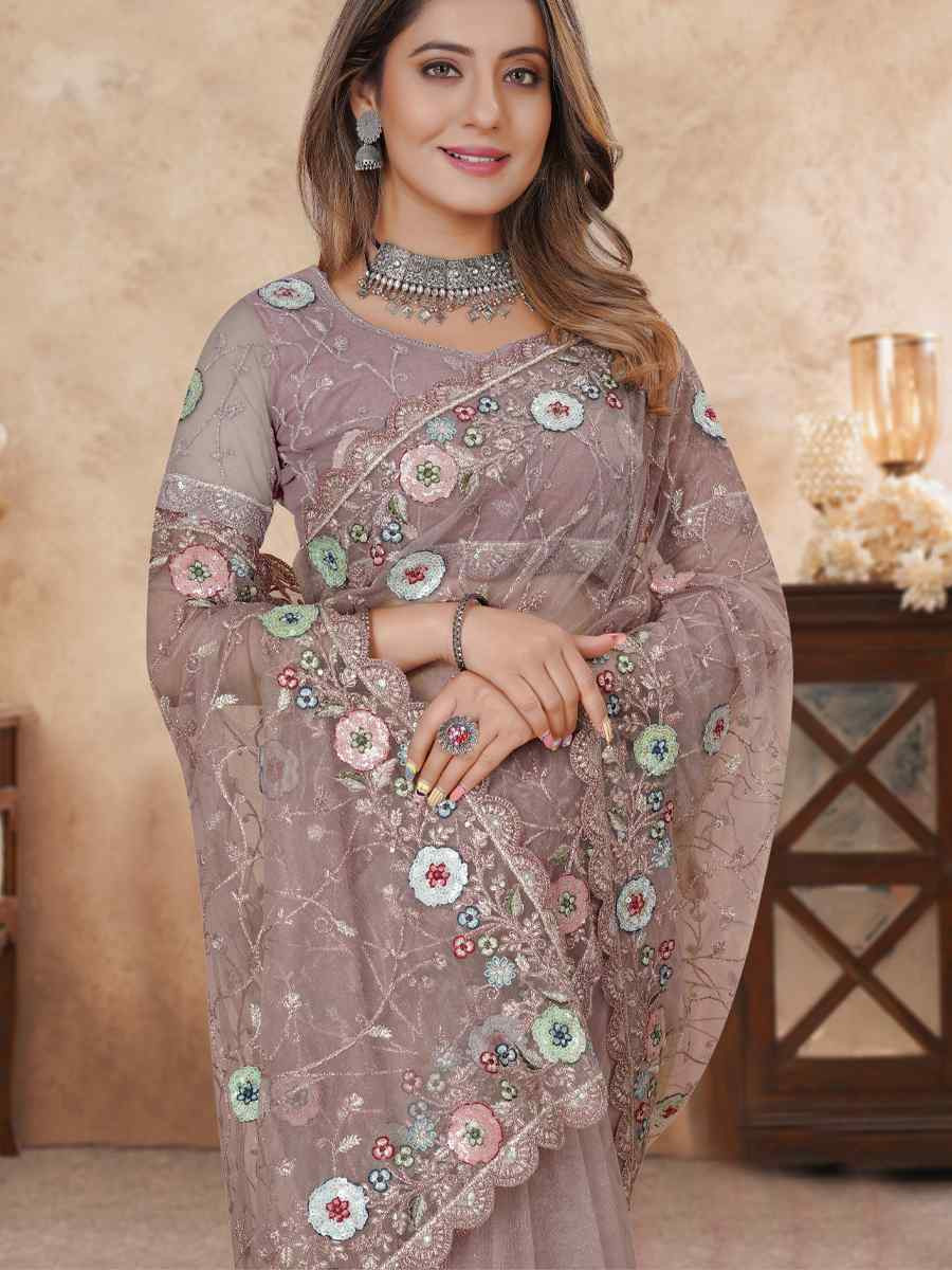 Beige Net Embroidered Festival Wedding Fancy Heavy Border Saree