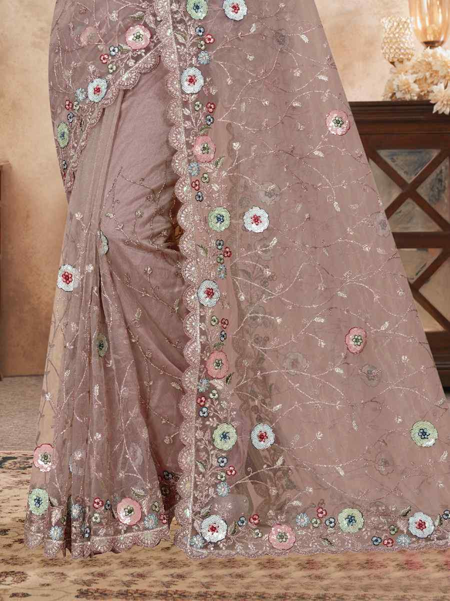 Beige Net Embroidered Festival Wedding Fancy Heavy Border Saree