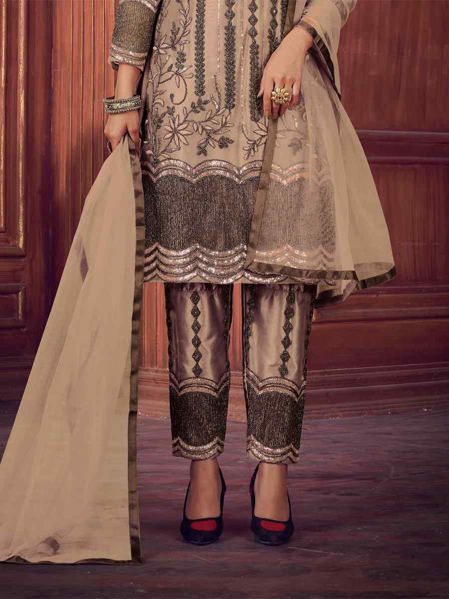 Beige Net Embroidered Party Wedding Pant Salwar Kameez