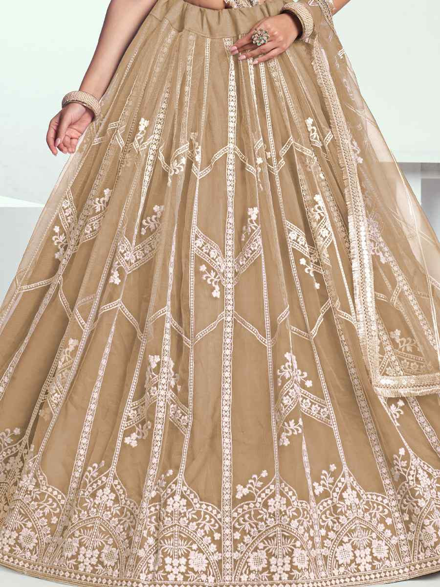 Beige Net Embroidered Wedding Reception Festival Heavy Border Lehenga Choli