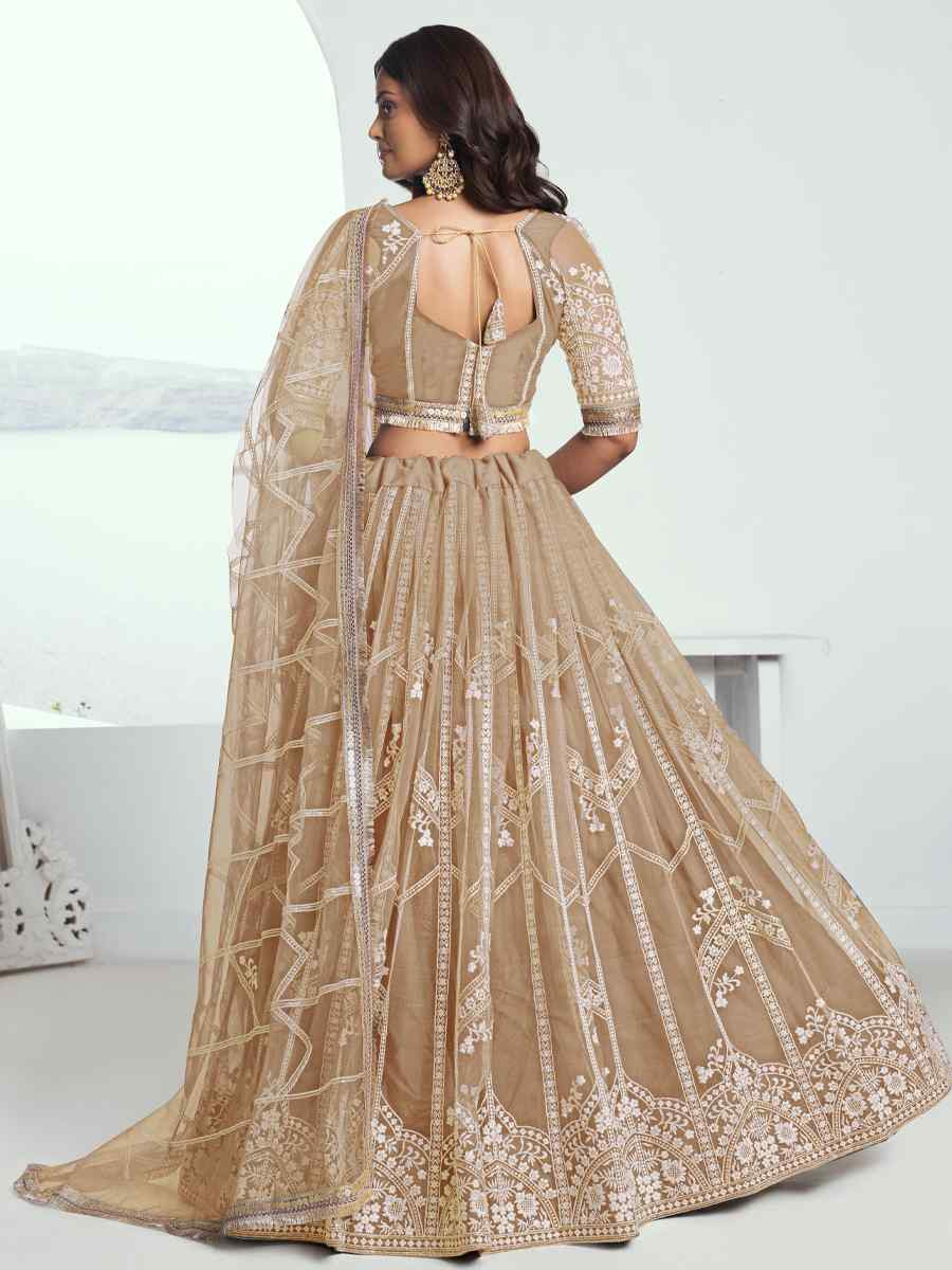 Beige Net Embroidered Wedding Reception Festival Heavy Border Lehenga Choli