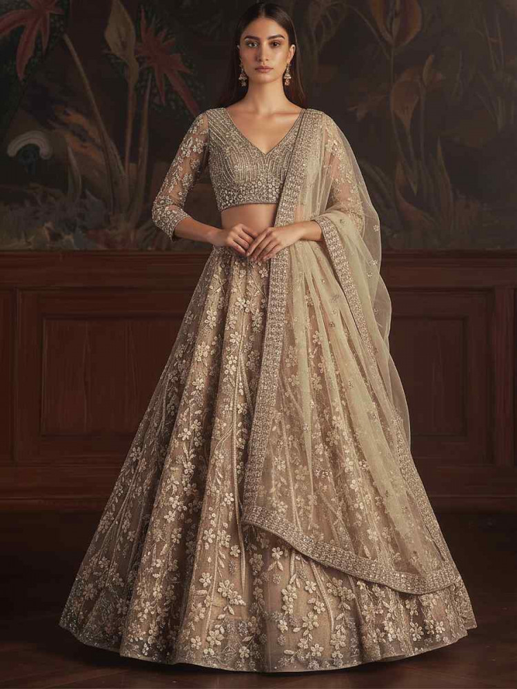 Image of Beige Net Embroidered Wedding Reception Festival Heavy Border Lehenga Choli