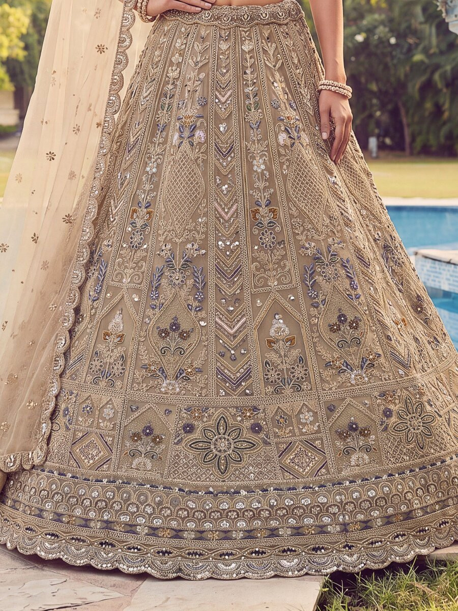Beige Net Embroidery Zari Sequins Zircon Diamond Work Wedding Reception Party Festival Heavy Border Lehenga Choli