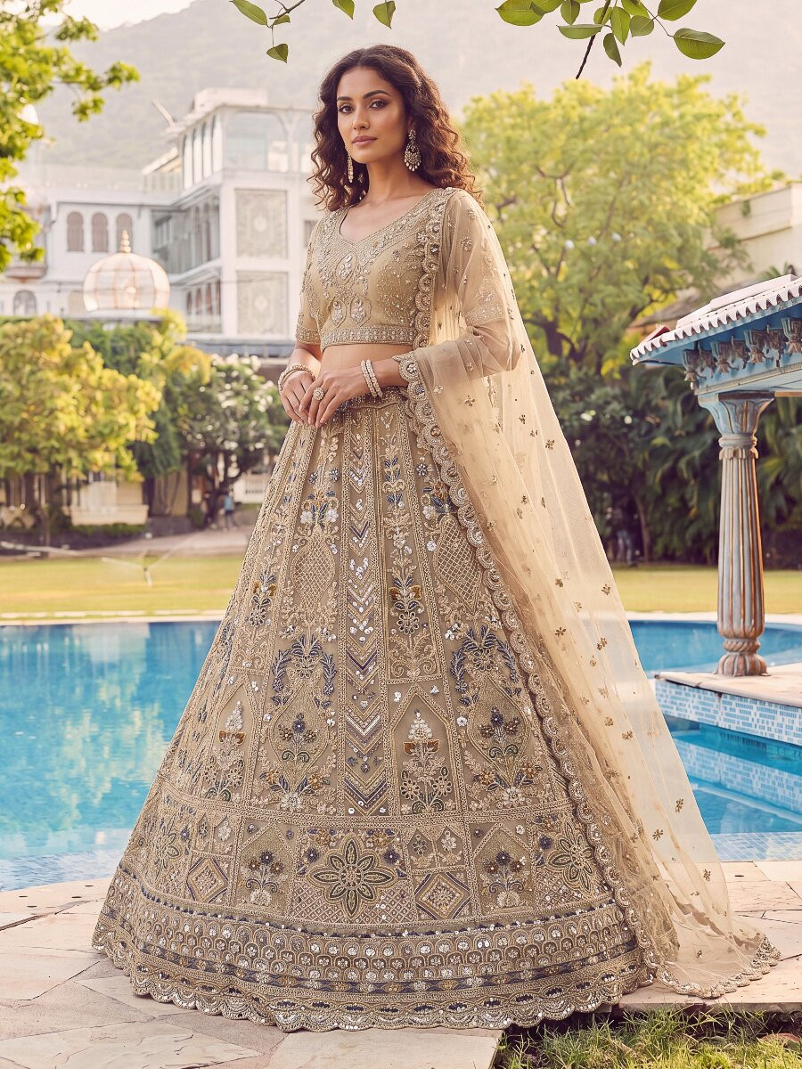 Beige Net Embroidery Zari Sequins Zircon Diamond Work Wedding Reception Party Festival Heavy Border Lehenga Choli