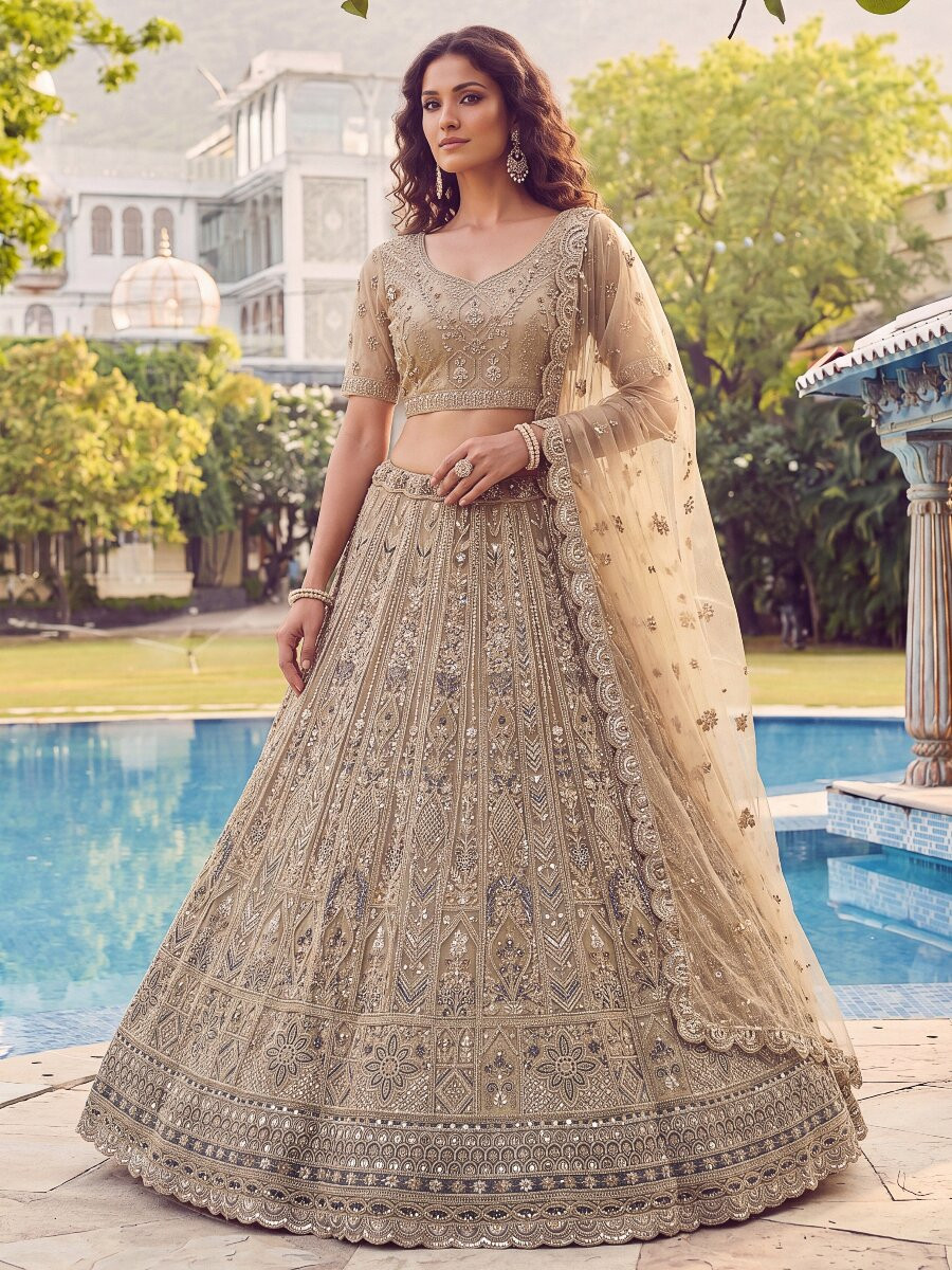 Beige Net Embroidery Zari Sequins Zircon Diamond Work Wedding Reception Party Festival Heavy Border Lehenga Choli