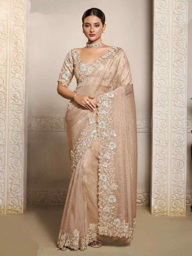 Image of Beige Organza Crush Satin Embroidery Festival Wedding Fancy Heavy Border Saree