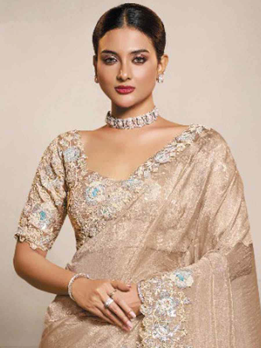 Beige Organza Crush Satin Embroidery Festival Wedding Fancy Heavy Border Saree