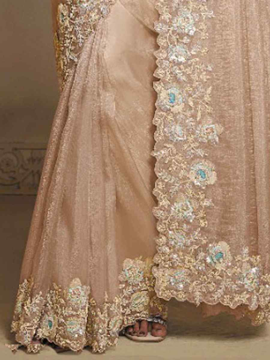 Beige Organza Crush Satin Embroidery Festival Wedding Fancy Heavy Border Saree