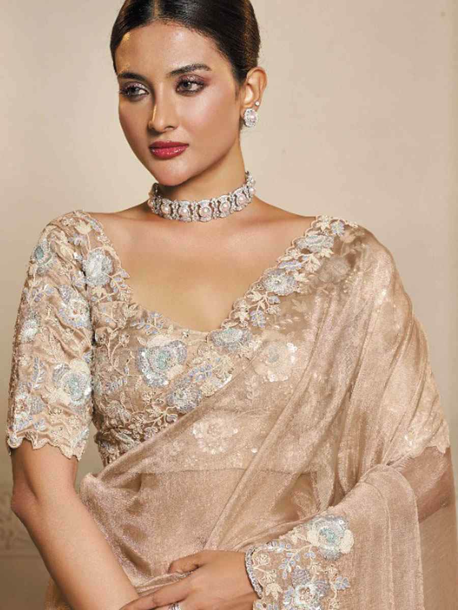 Beige Organza Crush Satin Embroidery Festival Wedding Fancy Heavy Border Saree