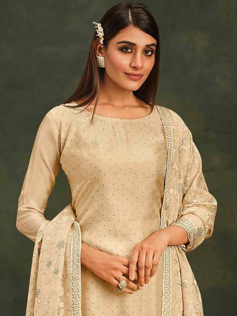 Beige Organza Embroidered Festival Party Pant Salwar Kameez