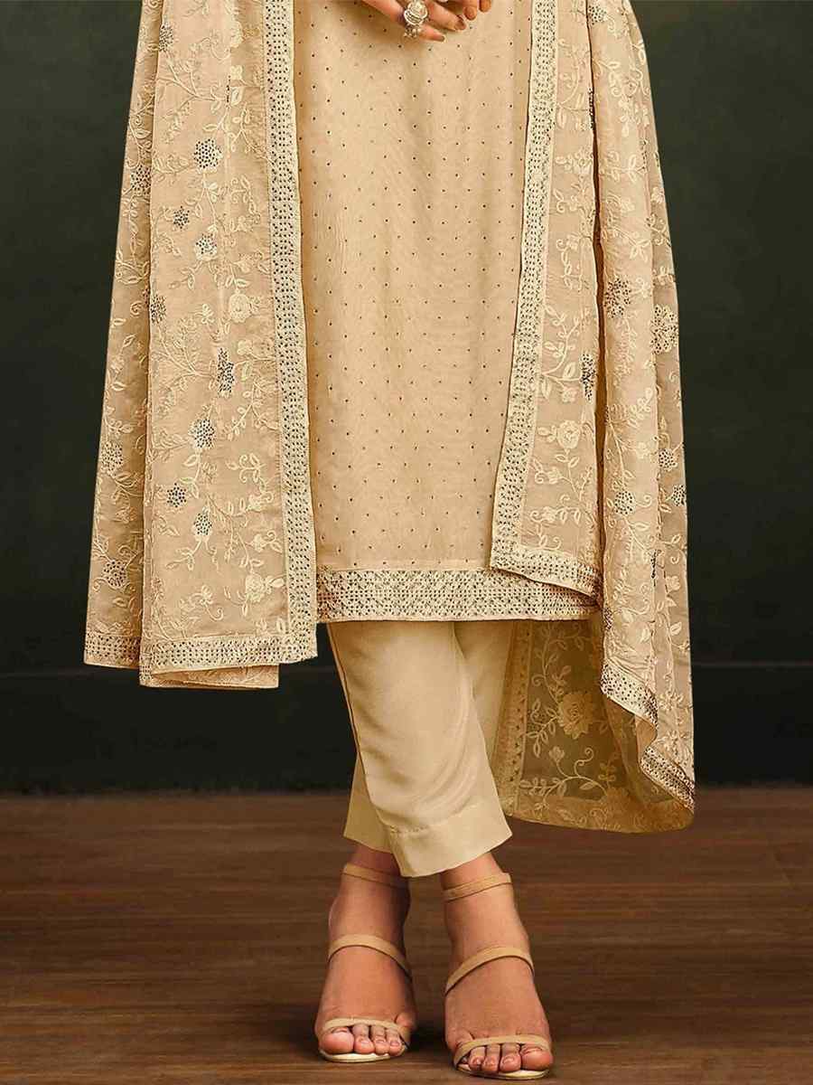 Beige Organza Embroidered Festival Party Pant Salwar Kameez