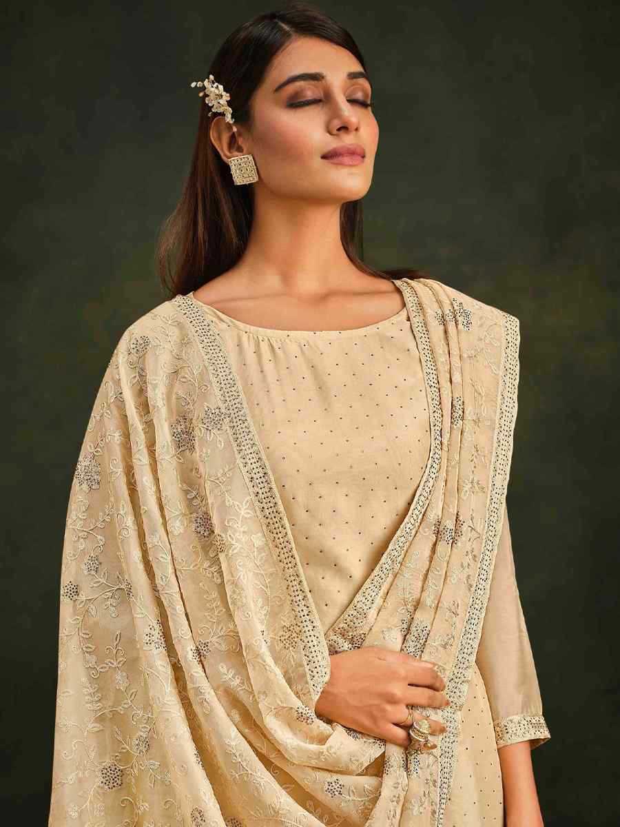 Beige Organza Embroidered Festival Party Pant Salwar Kameez