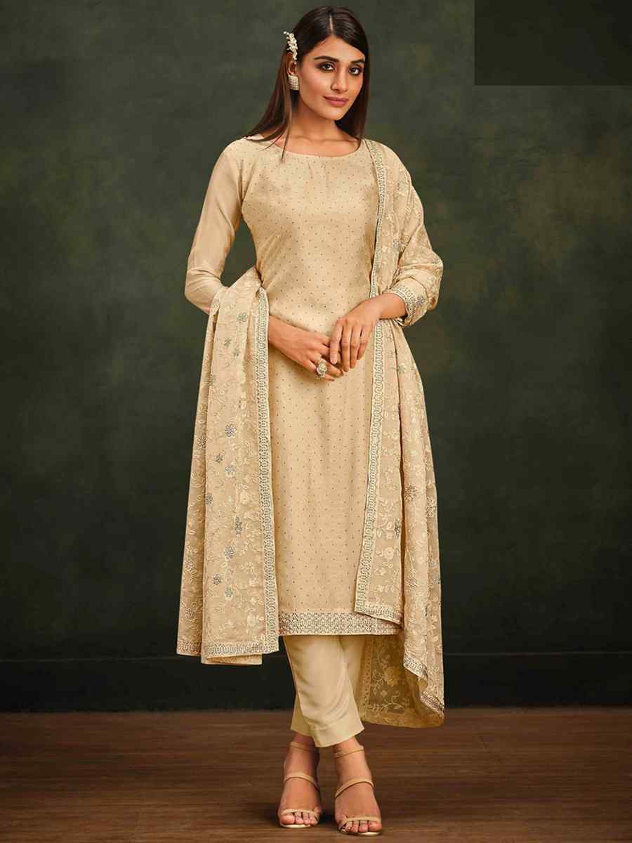 Beige Organza Embroidered Festival Party Pant Salwar Kameez