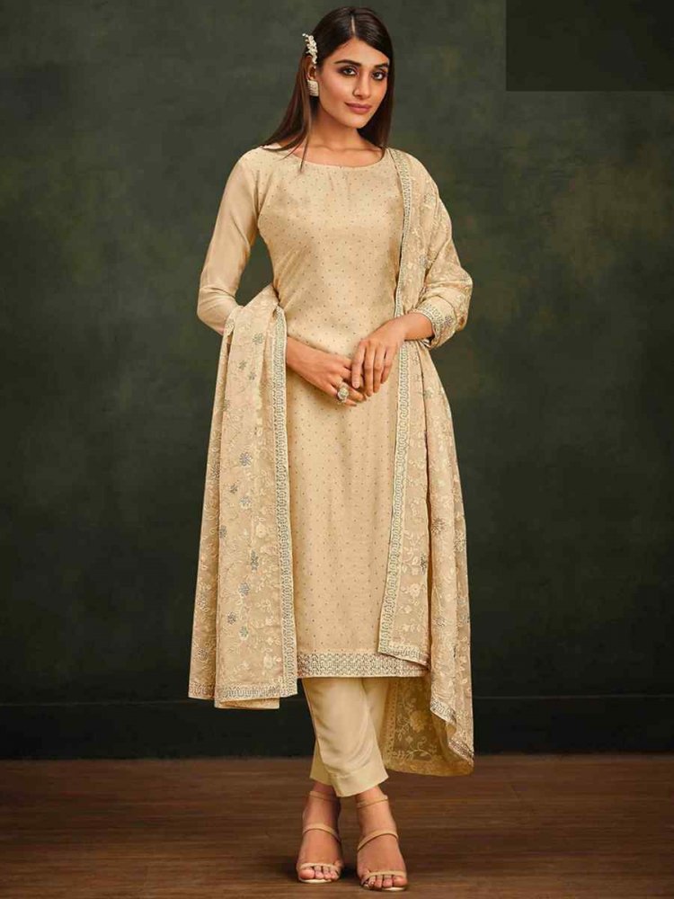 Beige Organza Embroidered Festival Party Pant Salwar Kameez