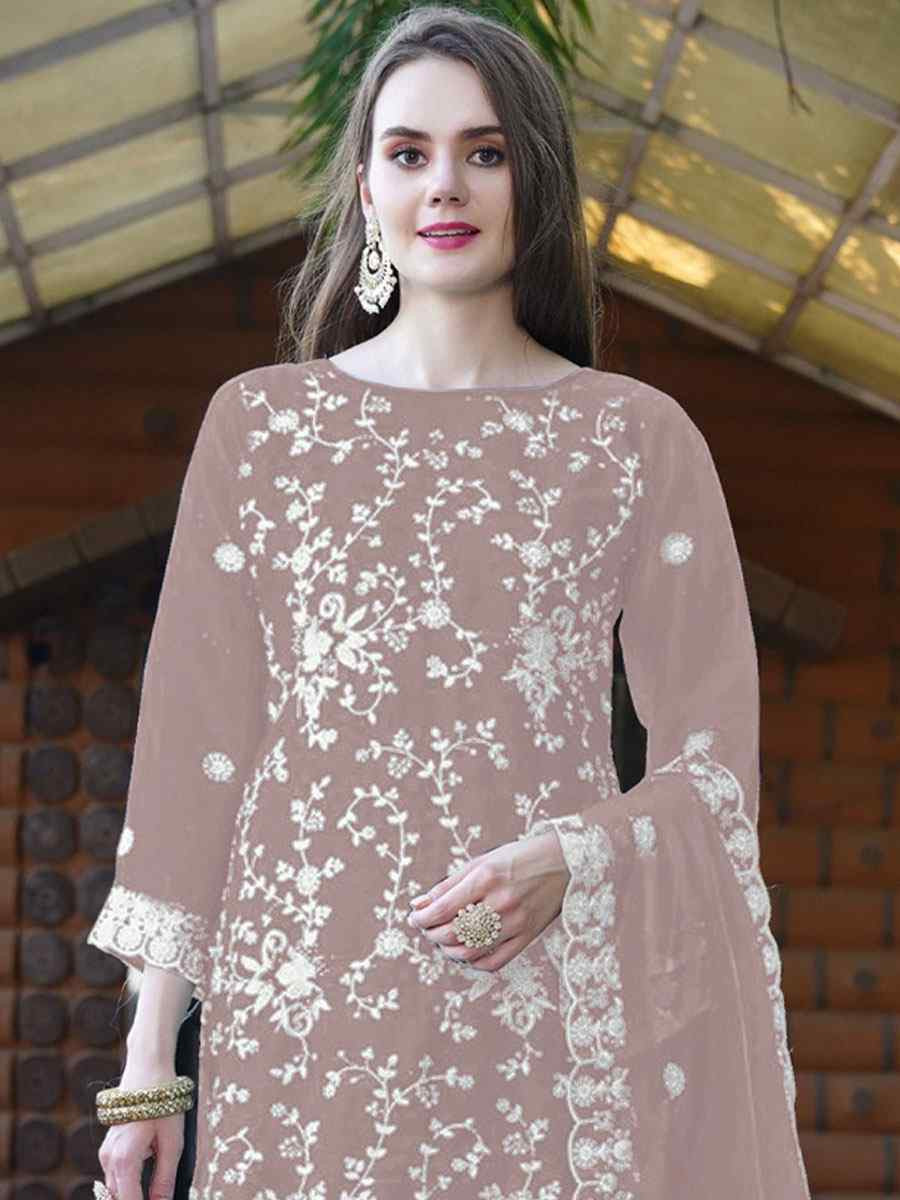 Beige Organza Embroidered Festival Wedding Pant Salwar Kameez