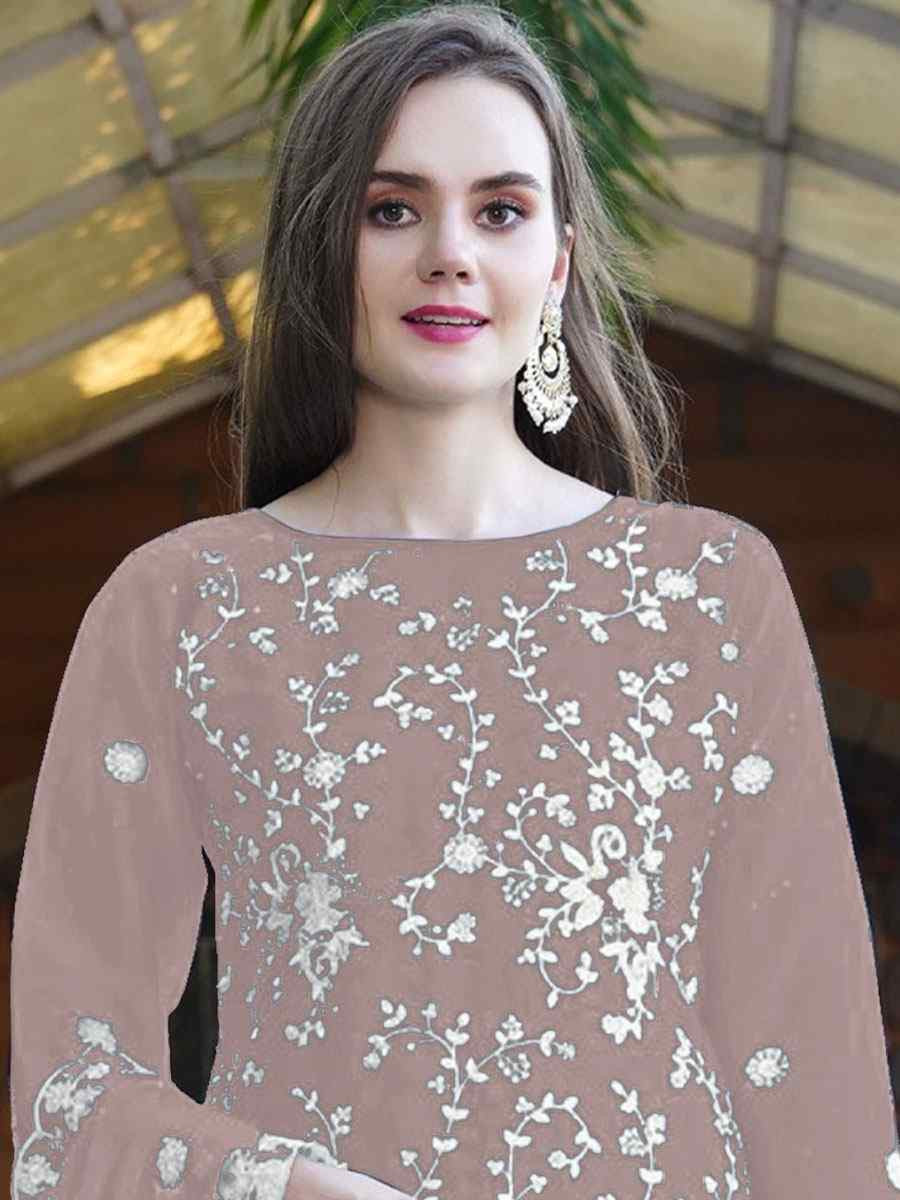 Beige Organza Embroidered Festival Wedding Pant Salwar Kameez