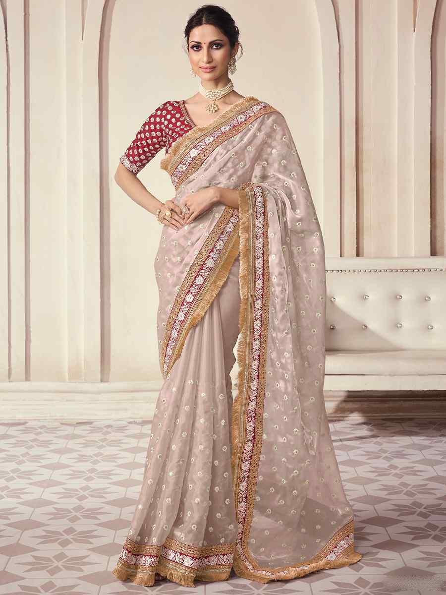 Beige Organza Embroidered Party Wedding Classic Style Saree