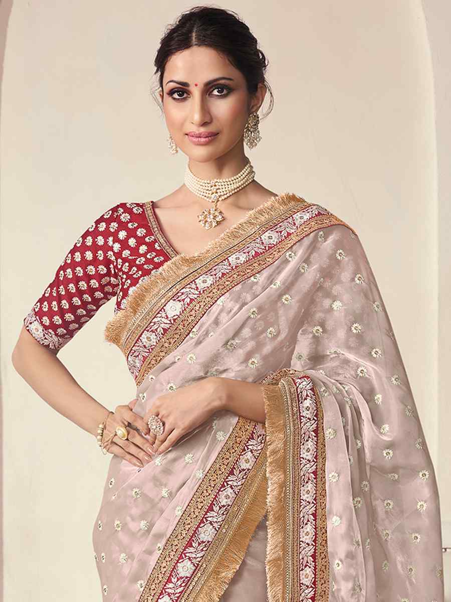 Beige Organza Embroidered Party Wedding Classic Style Saree