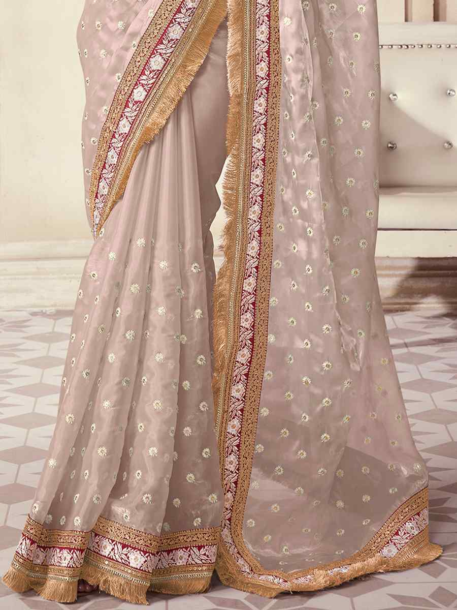 Beige Organza Embroidered Party Wedding Classic Style Saree