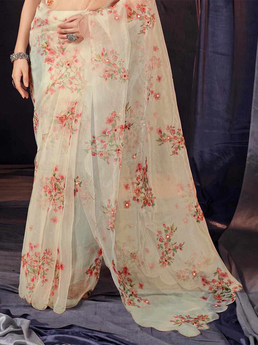 Beige Organza Printed Party Festival Classic Style Saree