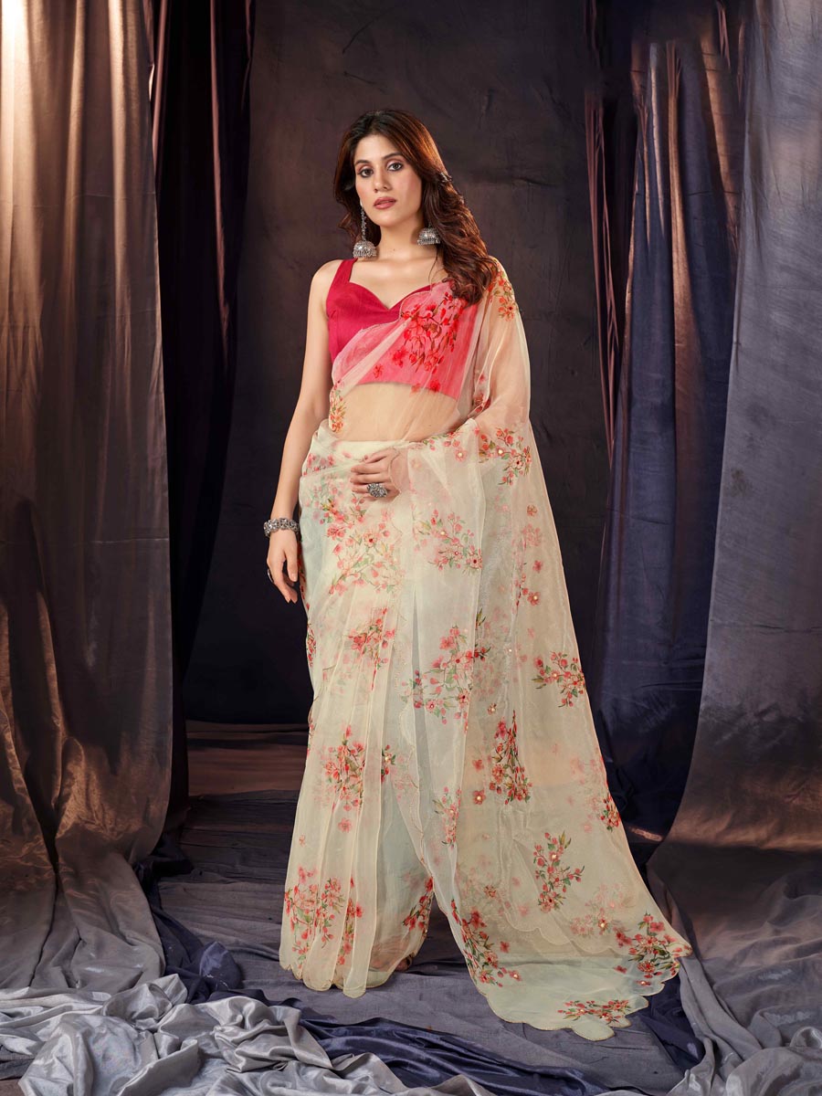 Beige Organza Printed Party Festival Classic Style Saree