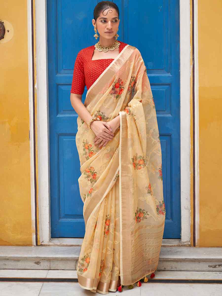 Beige Organza Silk Embroidered Party Festival Classic Style Saree