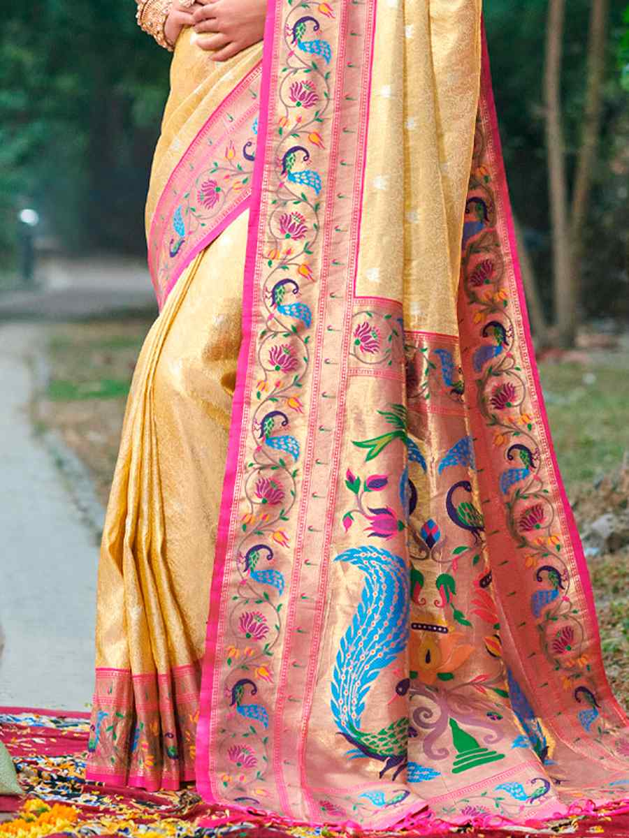 Beige Paithani Silk Handwoven Festival Wedding Heavy Border Saree