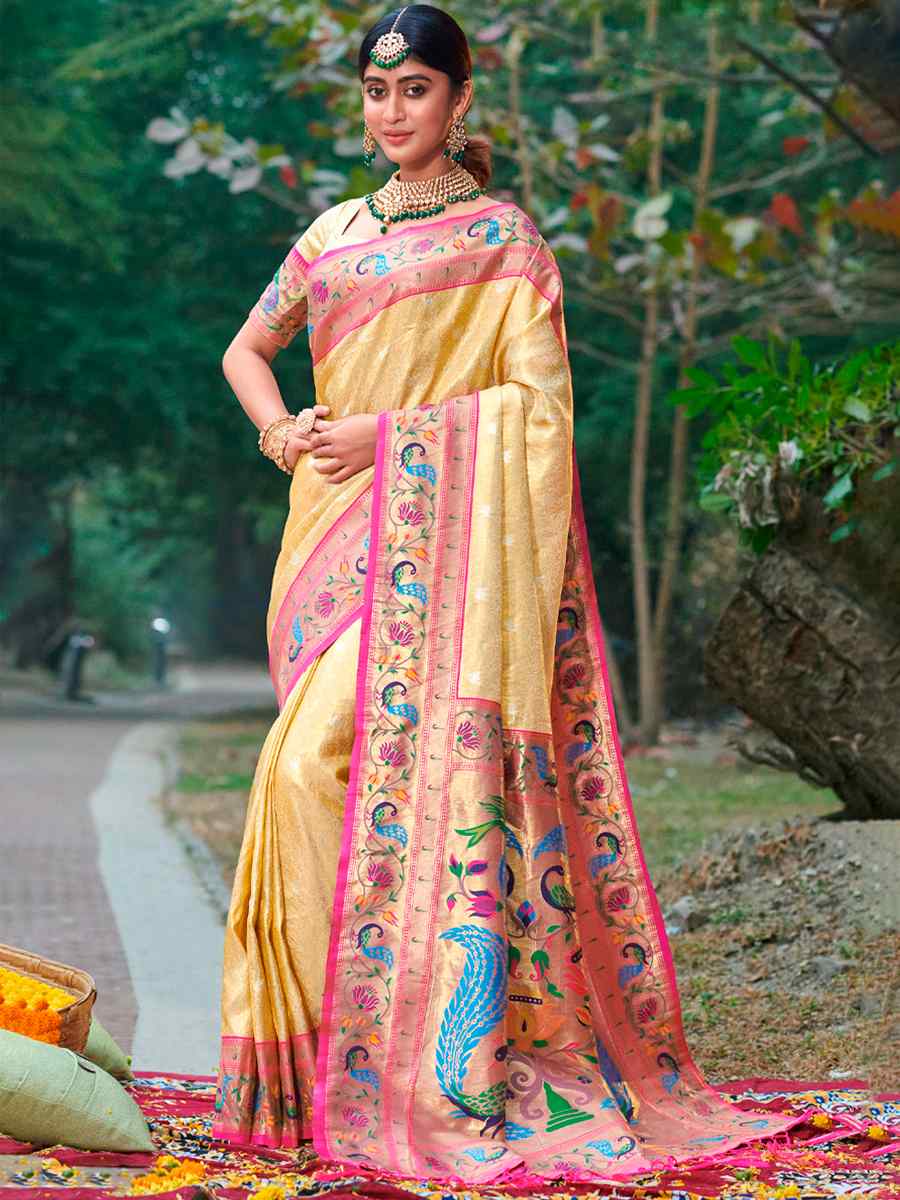 Beige Paithani Silk Handwoven Festival Wedding Heavy Border Saree