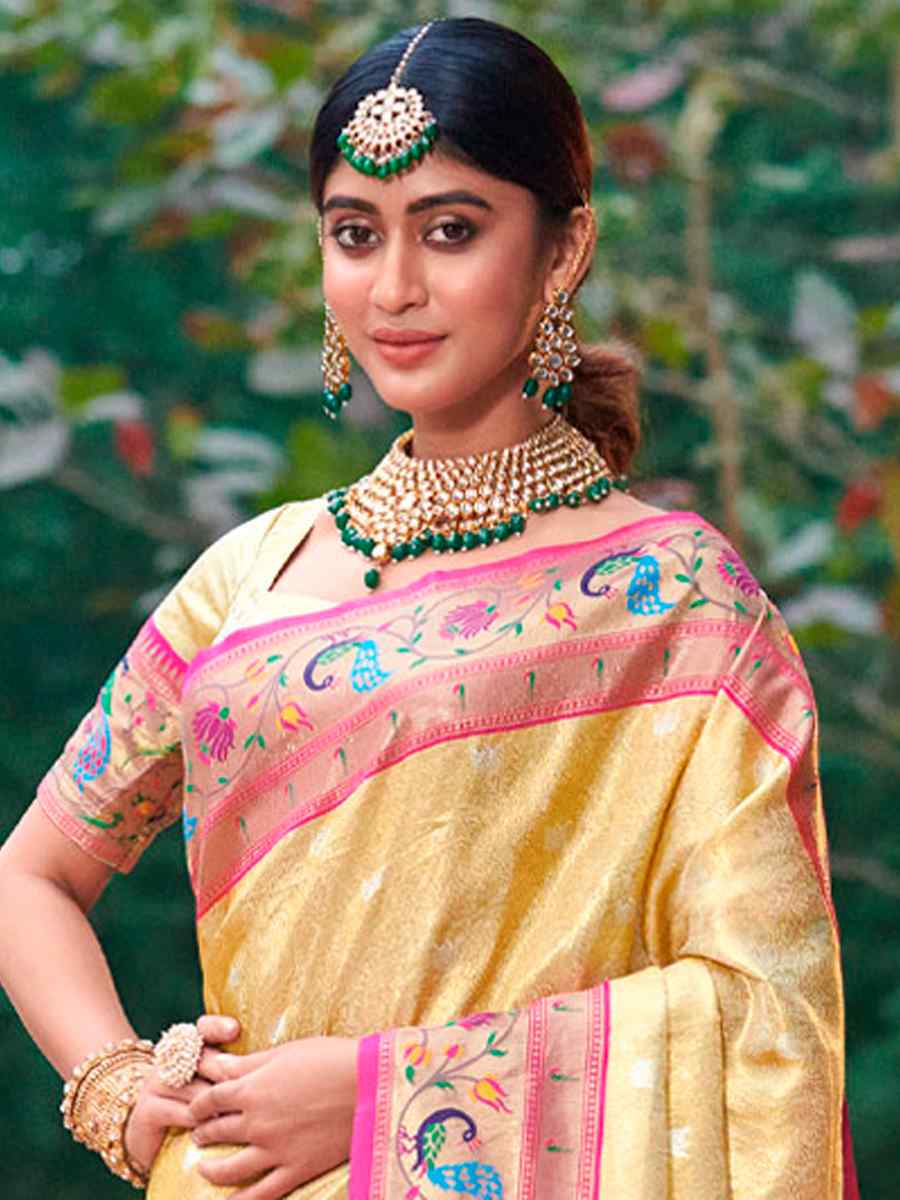 Beige Paithani Silk Handwoven Festival Wedding Heavy Border Saree