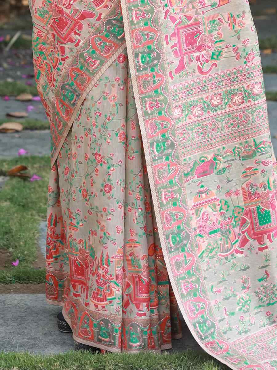 Beige Pashmina Soft Cotton Handwoven Casual Festival Heavy Border Saree