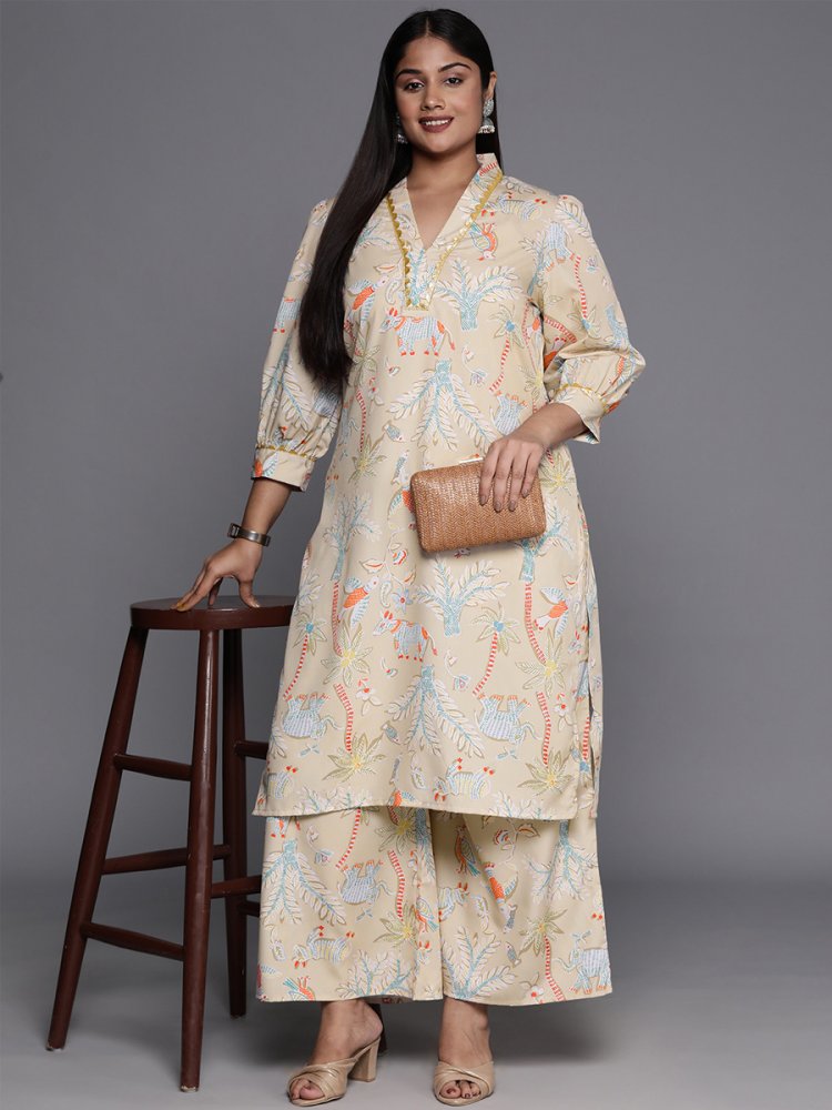Beige Poly Crepe Printed Festival Casual Kurti